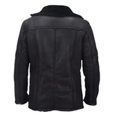 Veste en cuir d'agneau noir à col cranté et fourrure sherpa pour homme